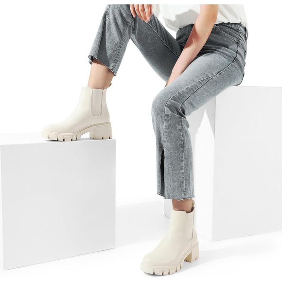 Dream Pairs Womens Beige Polyurethane (PU) Slip On Chunky Platform Ankle Boots - Picture 8 of 8